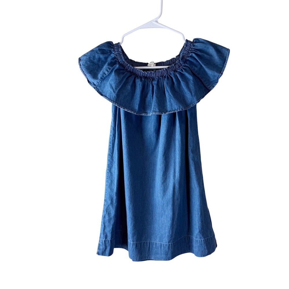 Crewcuts‎ Girls Denim Off Shoulder Dress Size 7 Chambray Ruffle Casual